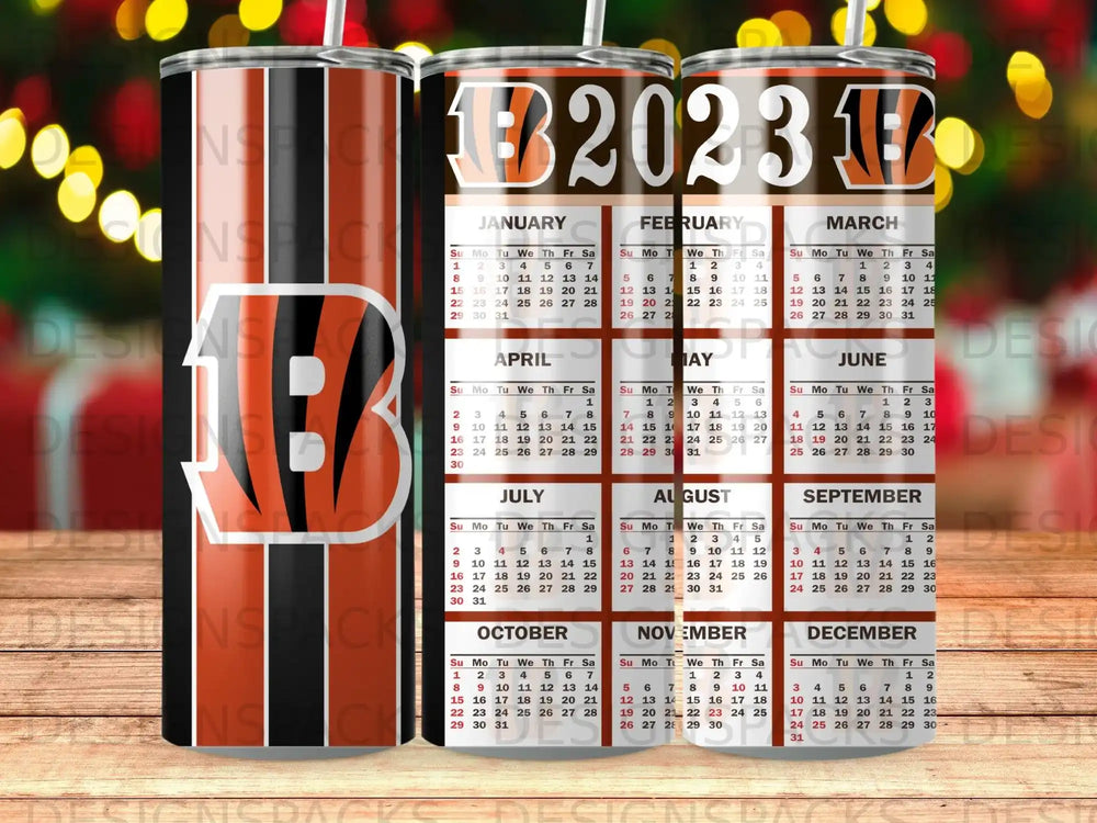 Cincinnati Bengals 2023 calendar tumbler with orange and black stripes.