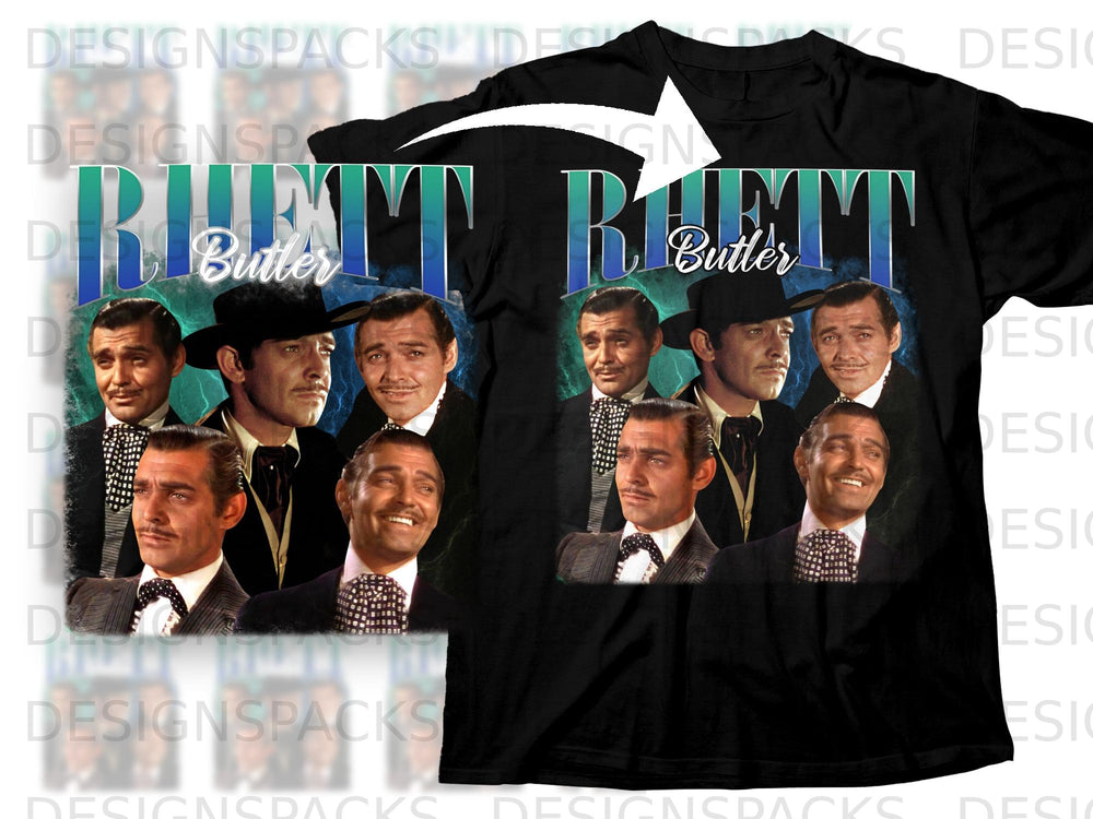 Black t-shirt with "Rhett Butler" text and collages of men in suits.