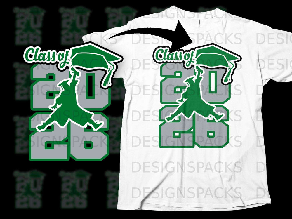 Green and gray "Class of 2020" graphic with graduation cap and silhouette on white t-shirt.