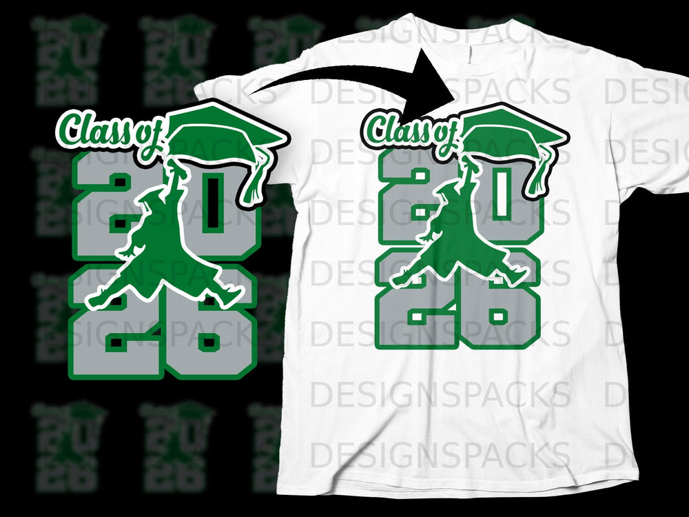 Green and gray "Class of 2020" graphic with graduation cap and silhouette on white t-shirt.