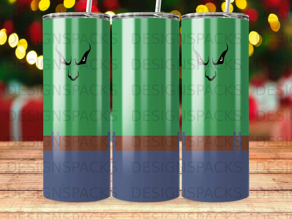 Three tumblers with a green and blue striped pattern and repeating "DESIGNSPACKS" text.