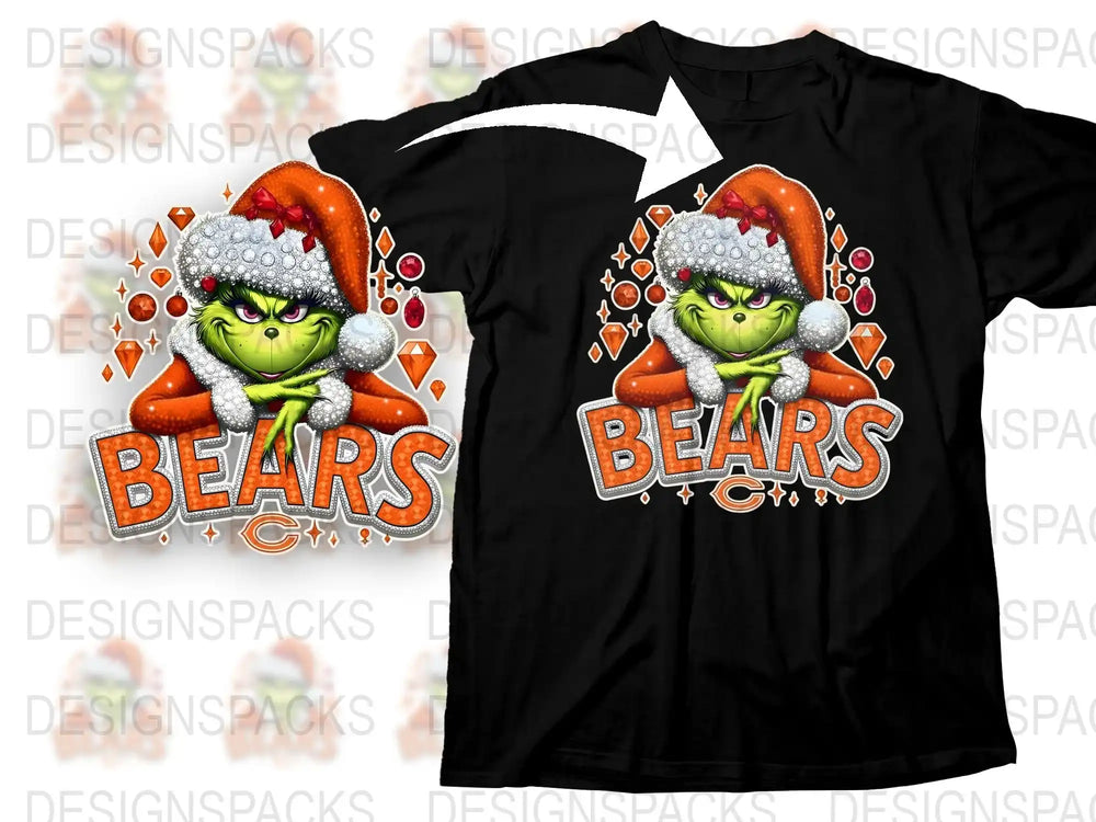Grinch Bears Football Christmas T-Shirt, Festive Holiday Sports Team Fan Apparel, Unisex Black Tee