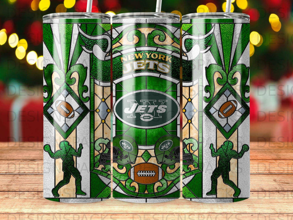 New York Jets stained glass tumbler with football helmets and player silhouettes.