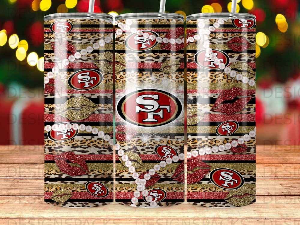 San Francisco 49ers leopard print and glitter tumbler with pearls and lips.