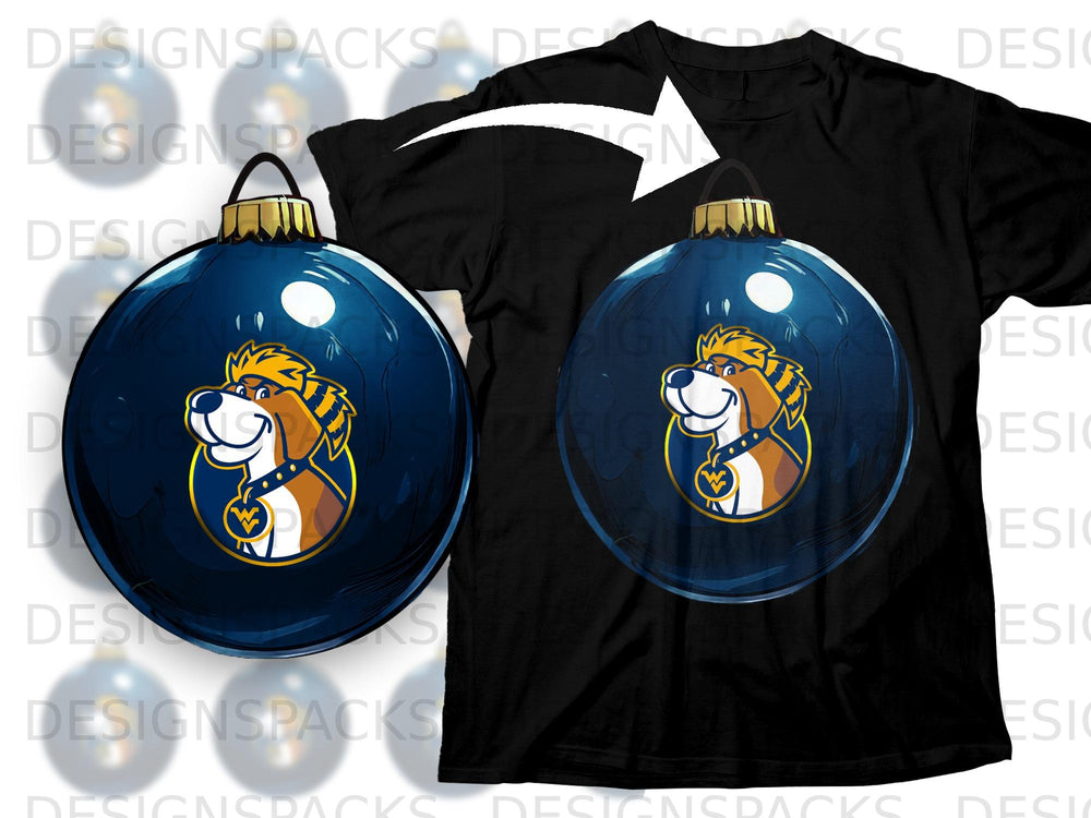 A blue ornament with a dog mascot on a black t-shirt.
