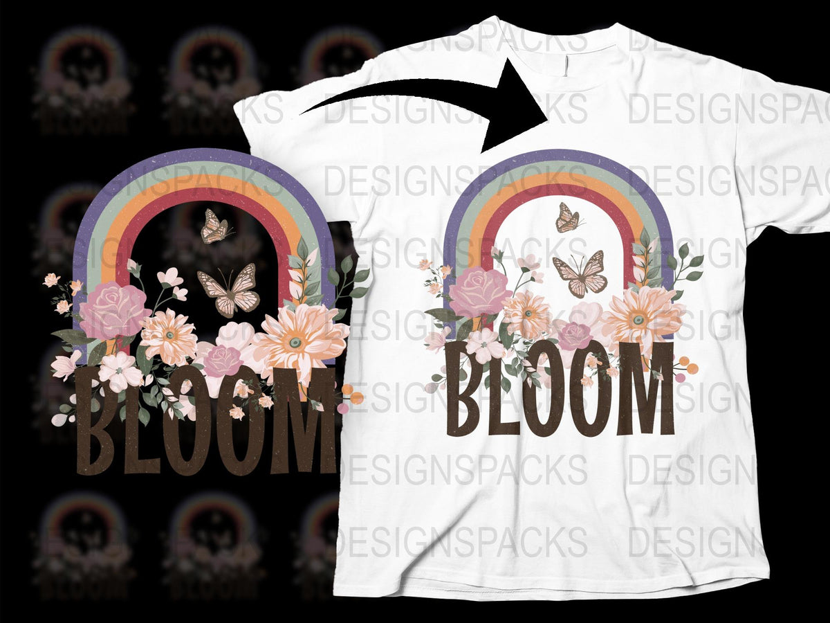 Bloom Rainbow Floral T-Shirt with Butterflies, Spring Flowers Women's Tee, Colorful Garden Graphic Summer Top