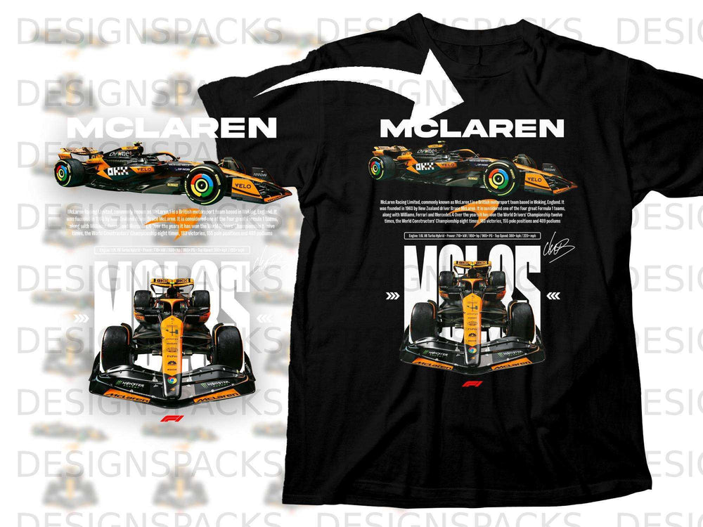 McLaren Formula 1 car with text details and sponsor logos on a black t-shirt.