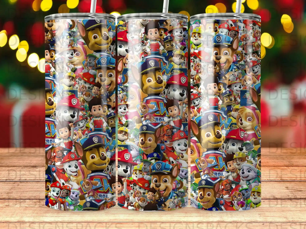 Paw Patrol characters on a pattern of tumblers, with bokeh lights in the background.