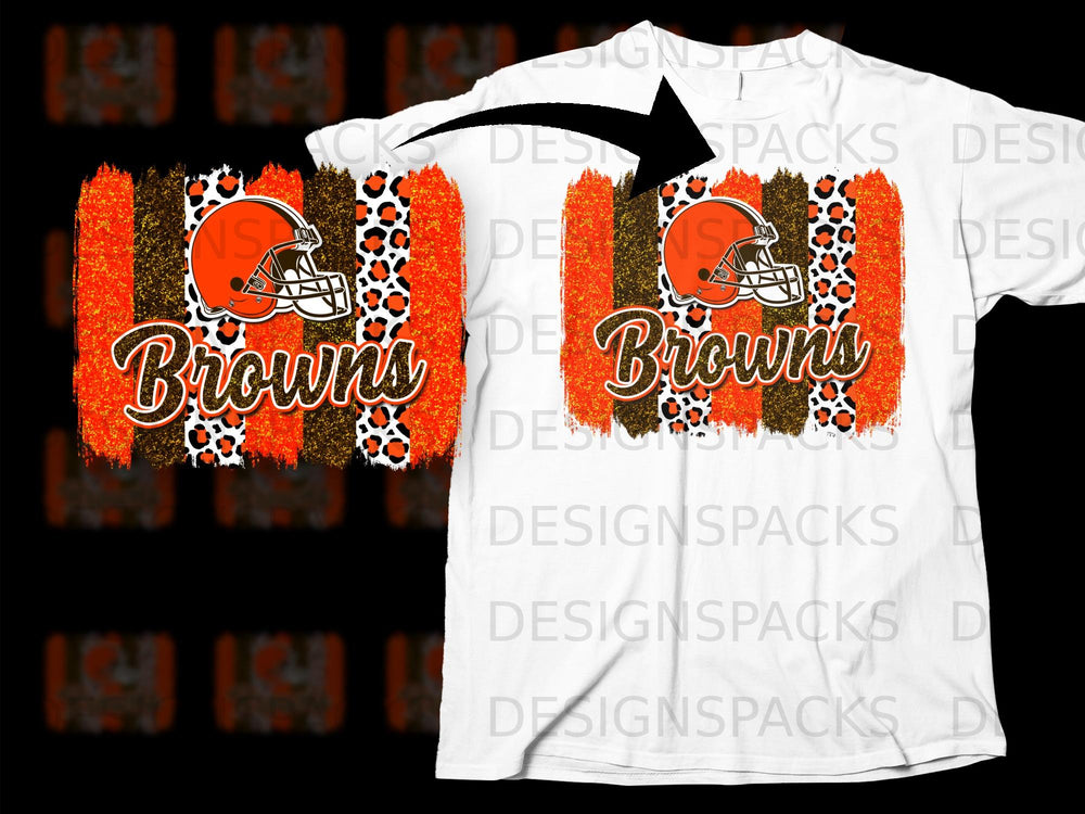 Cleveland Browns helmet with leopard print and distressed stripes, text "Browns."
