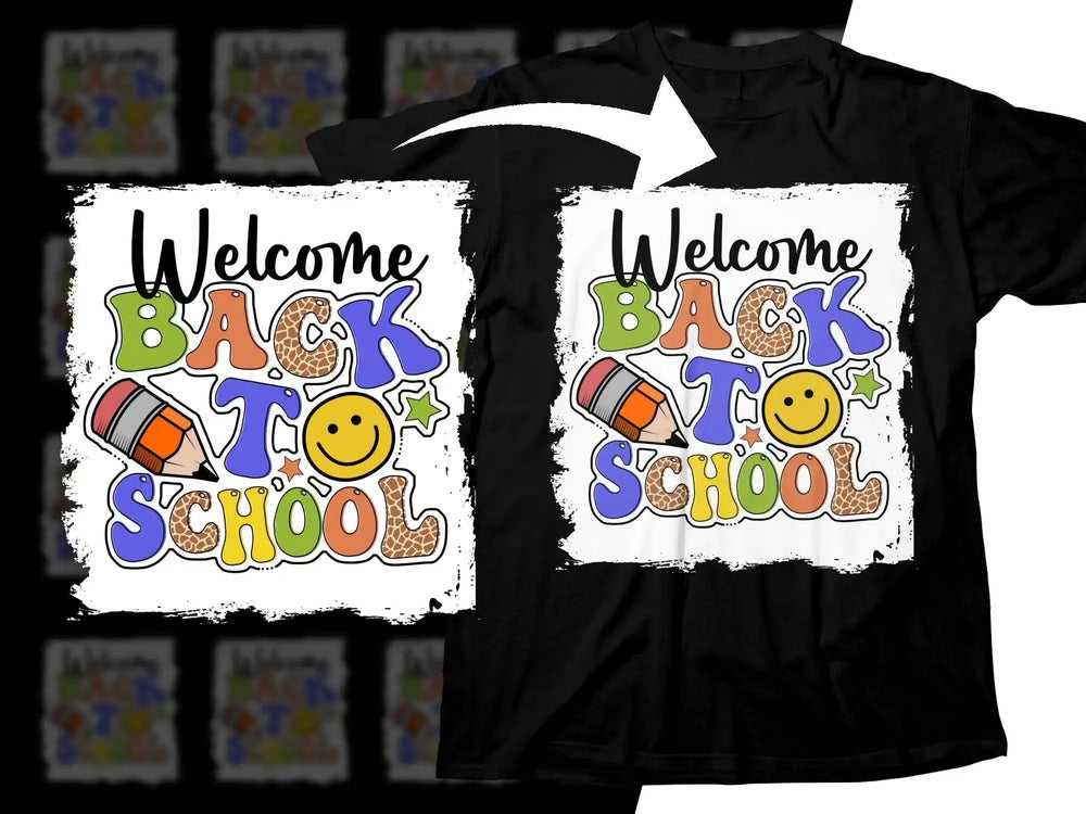 Welcome Back to School design with colorful letters, pencil, and smiley face on black t-shirt
