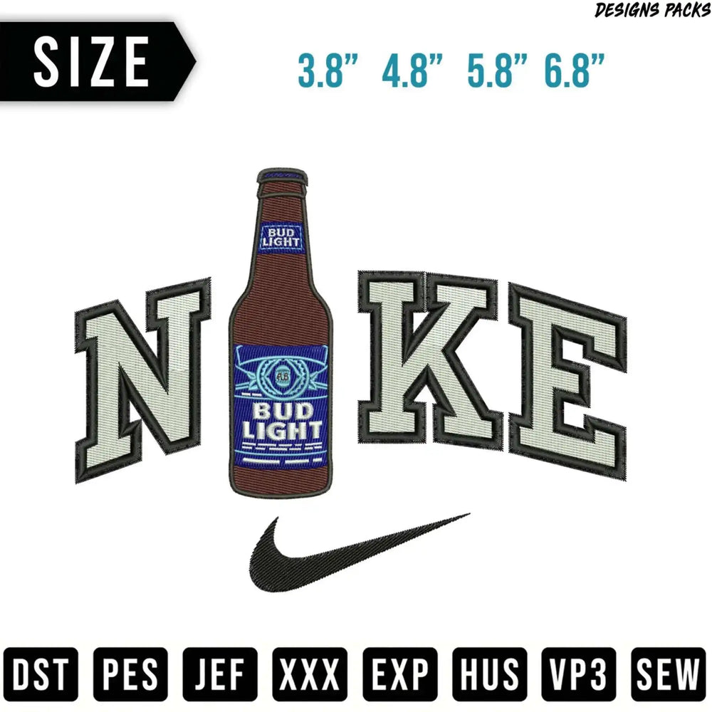 Bud Light logo incorporated into "NIKE" text with size options and file formats.