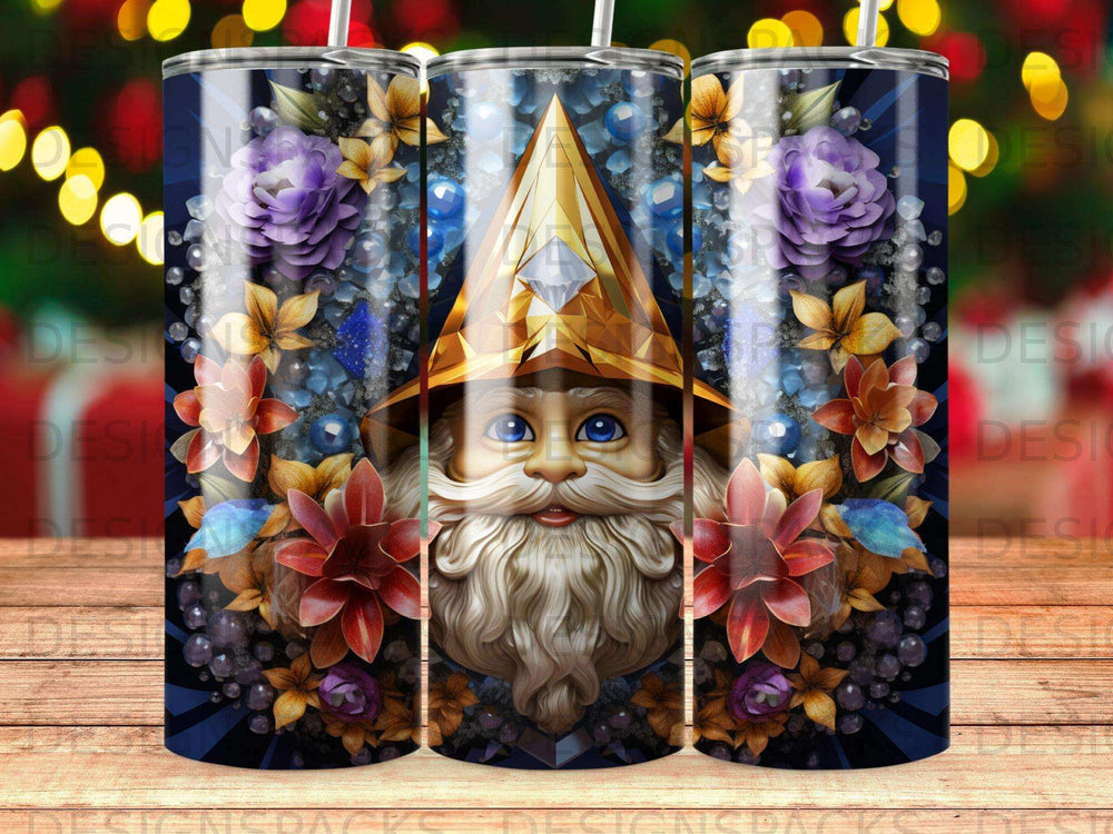 Santa Claus with beard and golden hat, surrounded by flowers and crystals.