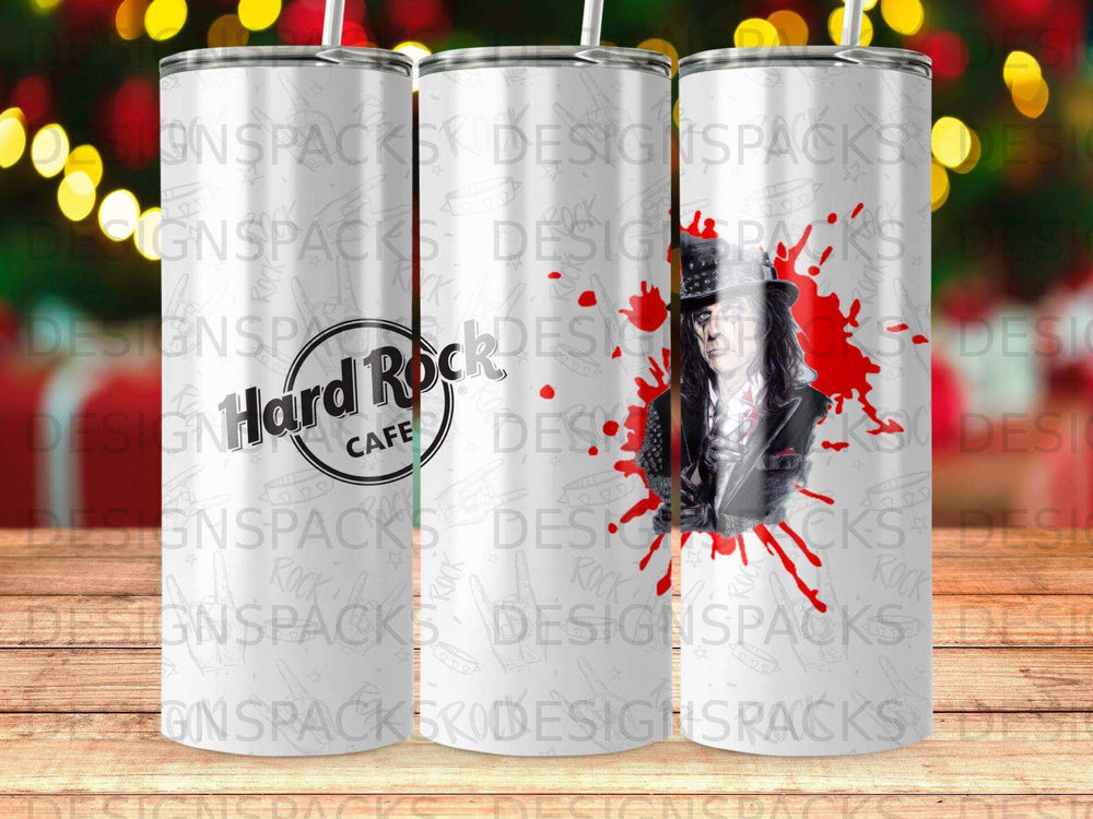 Alice Cooper in a top hat on a Hard Rock Cafe tumbler.