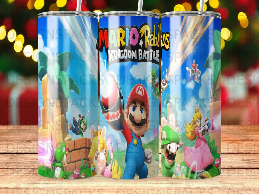 Mario & Rabbids Kingdom Battle game characters on a tumbler.