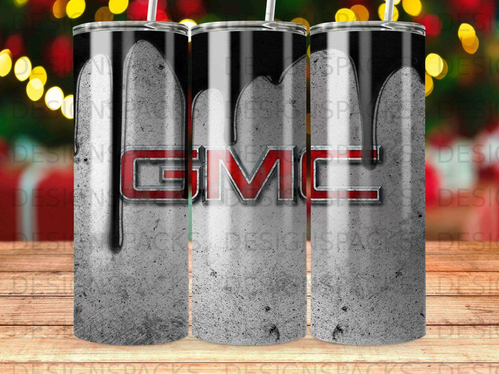 GMC logo dripping onto a textured gray background on a tumbler.
