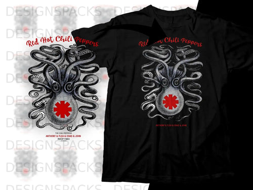 Black t-shirt with Red Hot Chili Peppers octopus design and band member names.