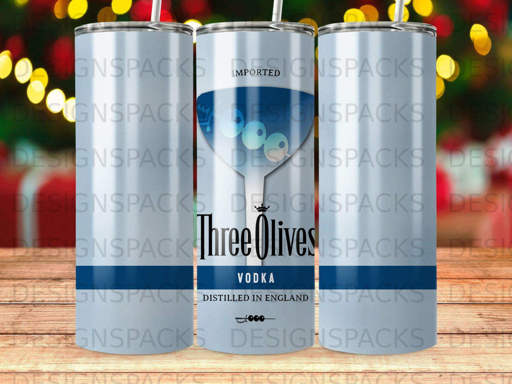 Three Olives Vodka bottle with a stylized glass and text "DISTILLED IN ENGLAND".