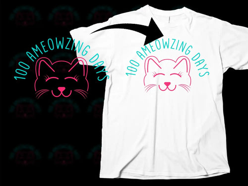 Cat Face Graphic T-Shirt, 100 Ameowzing Days Celebration Tee, Cute Pink and Black Cat Design, Unisex Cotton Shirt
