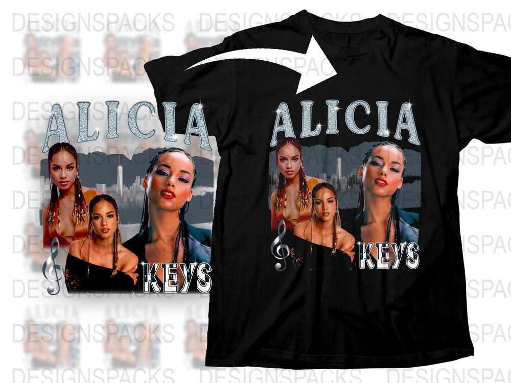 Alicia Keys Graphic T-Shirt, Custom Pop Art Style Music Tees, Trendy Singer Portrait Shirt, Fan Merch Clothing