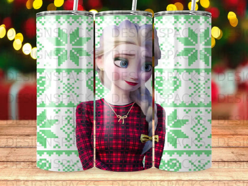 Elsa from Frozen in plaid, on a green patterned tumbler.