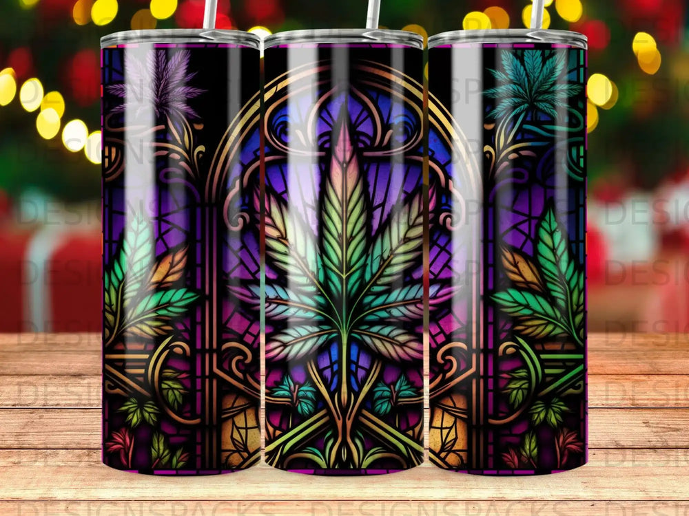 Stained glass pattern featuring a cannabis leaf and floral elements.
