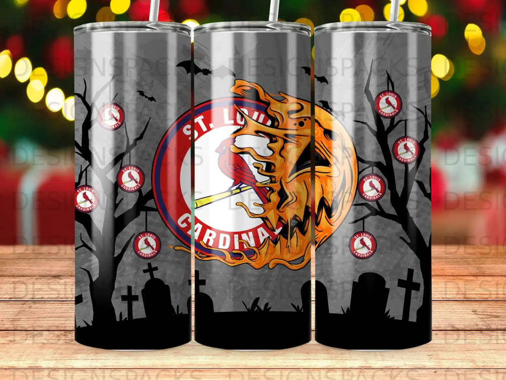 St. Louis Cardinals tumbler with spooky graveyard and skeleton design.