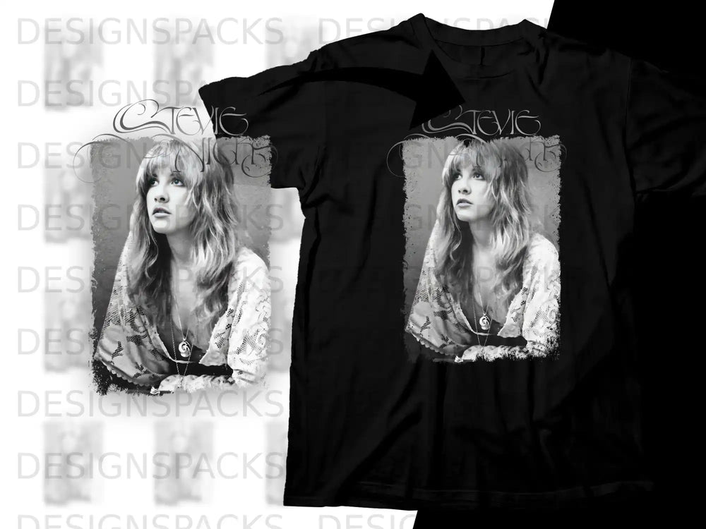 Black t-shirt with Stevie Nicks portrait graphic in a square frame.