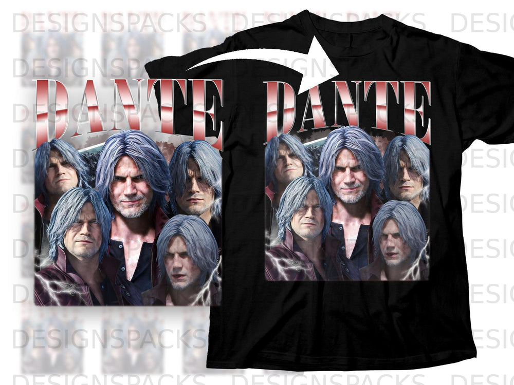 Black t-shirt with "DANTE" and collage of character faces with gray hair.