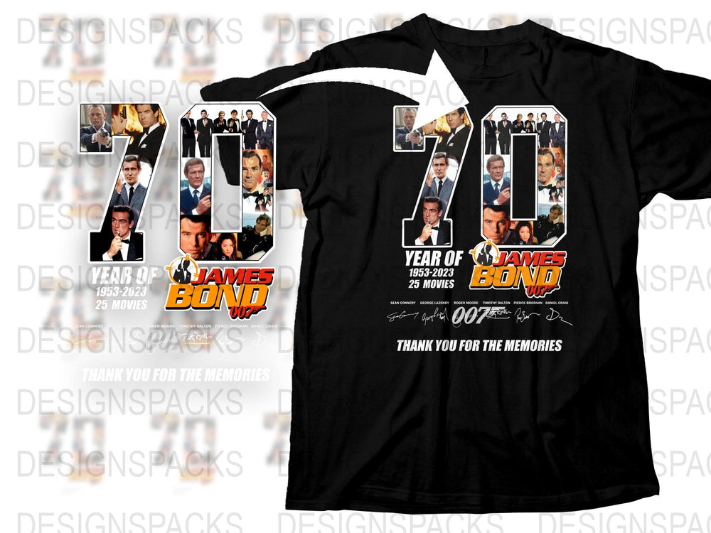 James Bond 70th Anniversary T-Shirt, Classic Movie Tee, 007 Film Series, Vintage Black Shirt, Collectible Memorabilia, Gift for Fans