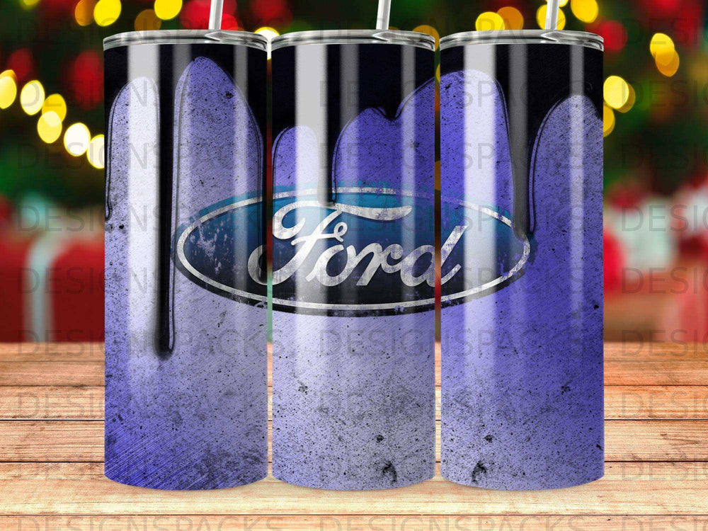 Ford logo dripping purple paint onto a textured tumbler.