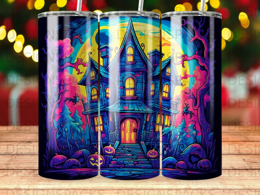 Spooky haunted house with pumpkins, trees, and a full moon.