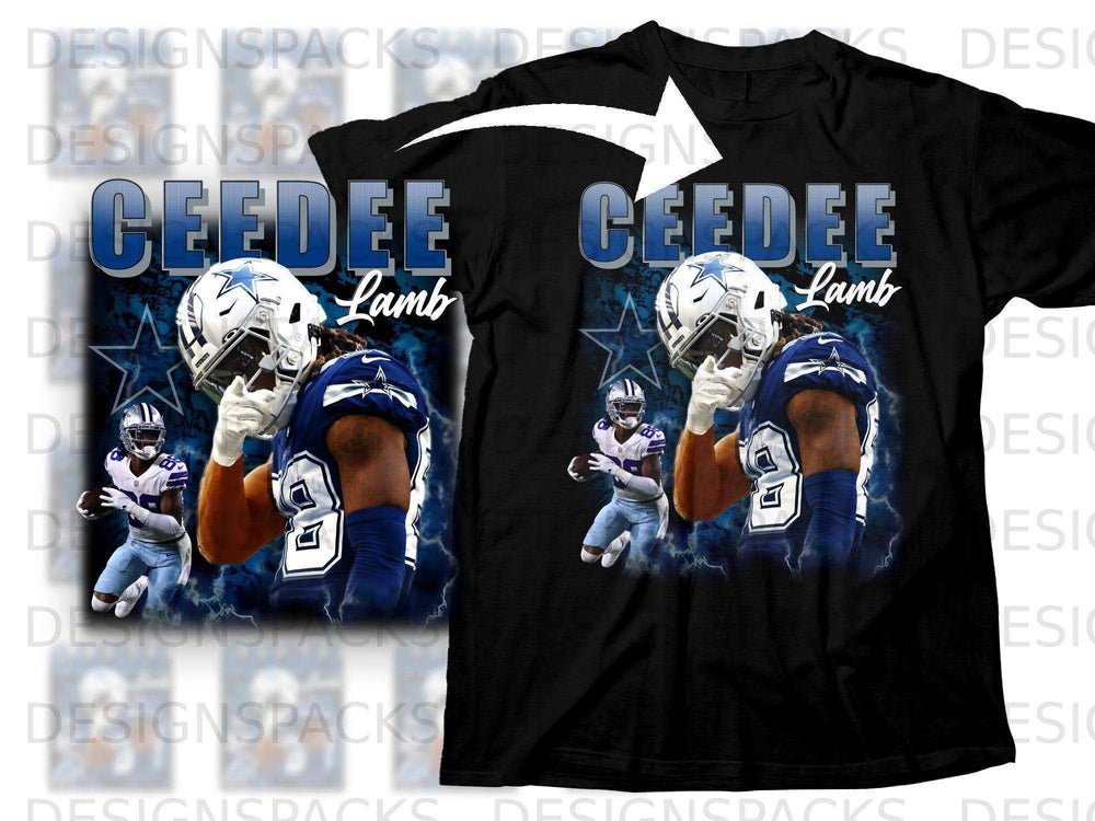 Dallas Cowboys player CeeDee Lamb on a black t-shirt.