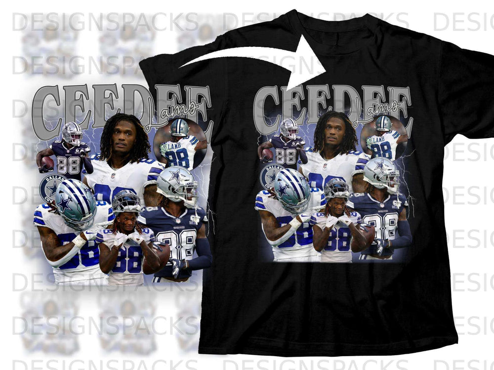 Dallas Cowboys player CeeDee Lamb on t-shirt graphic.