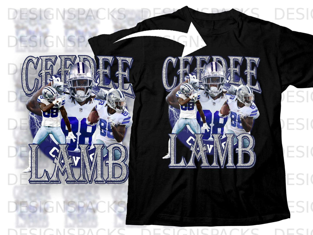 Dallas Cowboys player CeeDee Lamb on a black t-shirt with glitter accents.