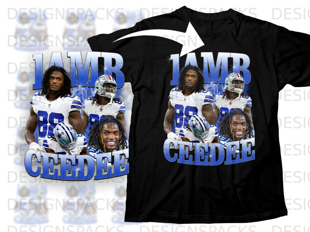Dallas Cowboys player CeeDee Lamb on a black t-shirt.