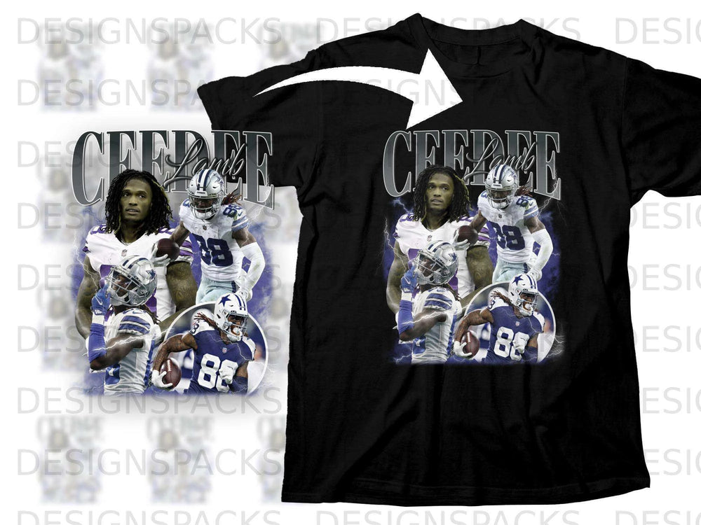 Black t-shirt featuring Dallas Cowboys player CeeDee Lamb with lightning accents.