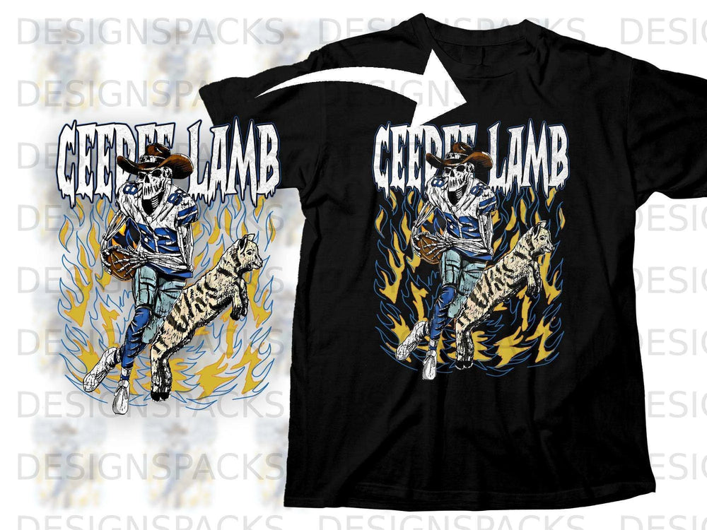 T-shirt featuring a skeleton cowboy, cat, and flames, with "GEER LAMB" text.