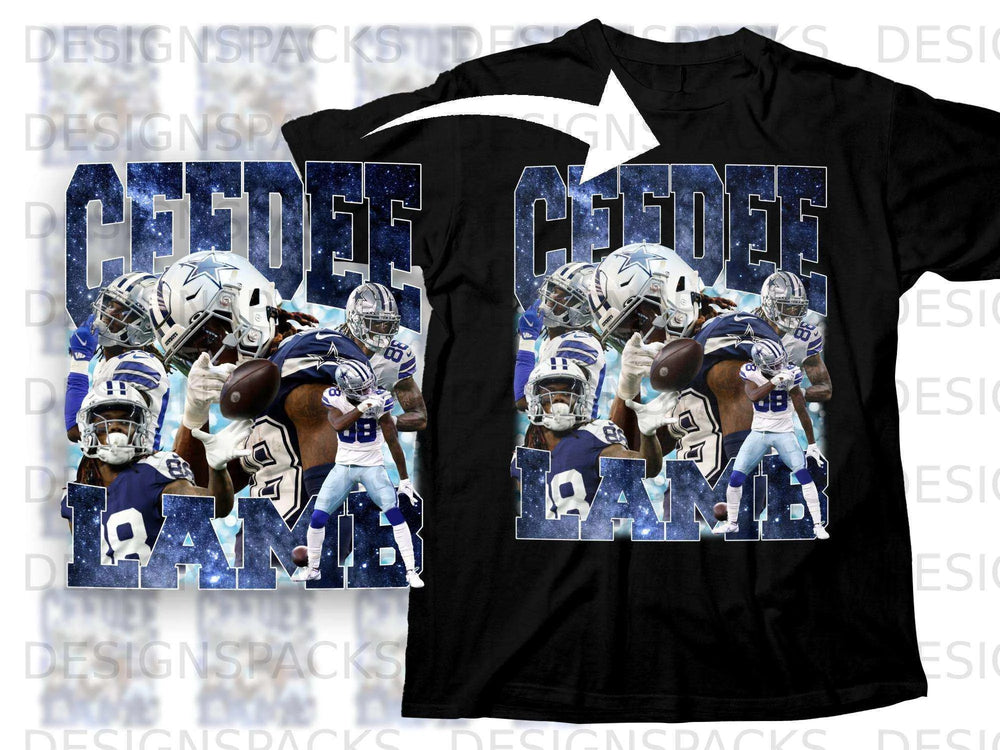 Dallas Cowboys player CeeDee Lamb on a black t-shirt.