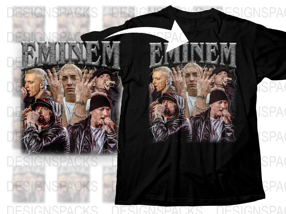 Eminem Graphic T-Shirt, Vintage Rap Tee, Hip Hop Music Fan Merch, Multi Image Eminem Design, Black Cotton Shirt