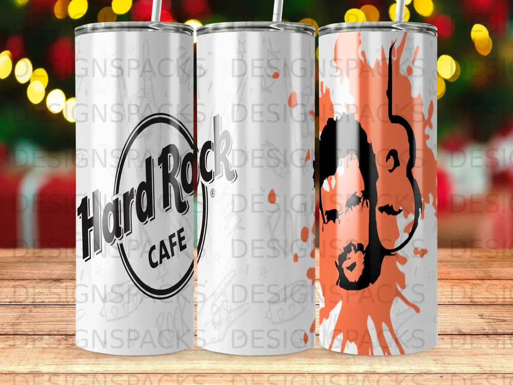 Hard Rock Cafe tumbler with distressed graphic of a man's face and guitar.