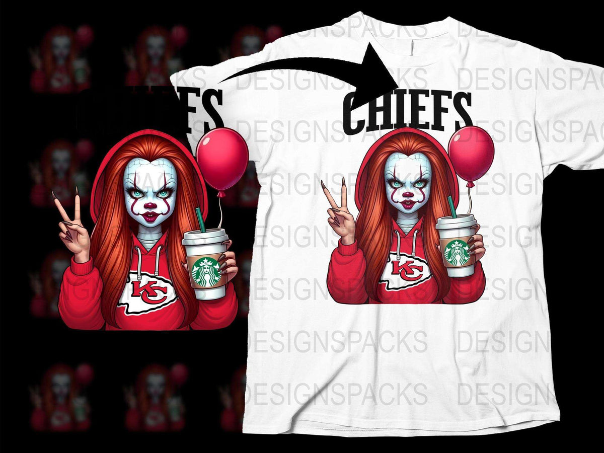 Horror Clown T-Shirt, Chiefs Fan Apparel, Scary Clown with Balloon and Coffee Graphic Tee