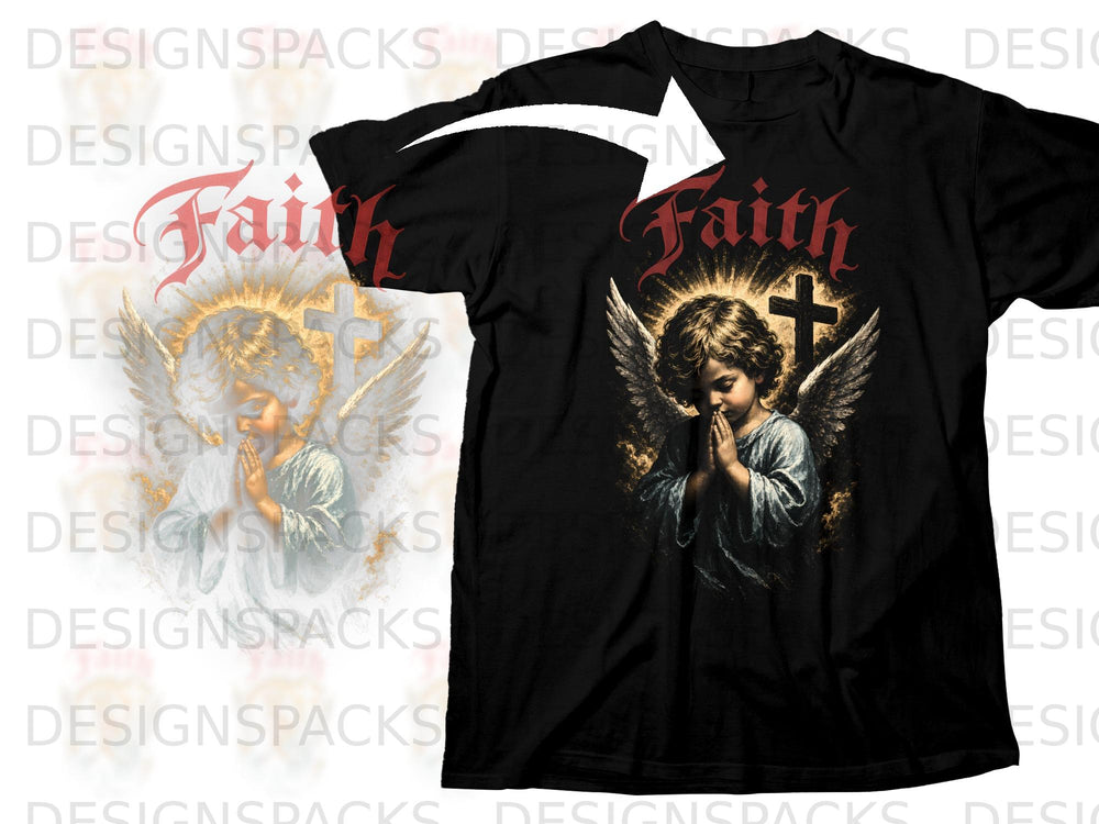 Black t-shirt with praying angel graphic and "Faith" text