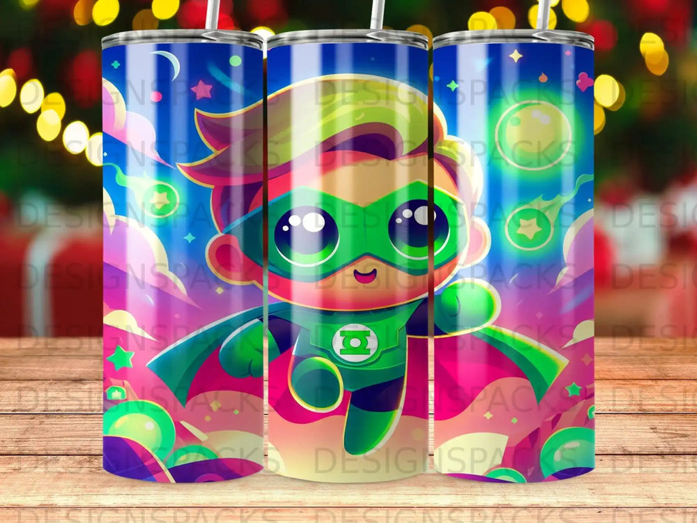 Superhero boy with green mask and cape, on a colorful background.