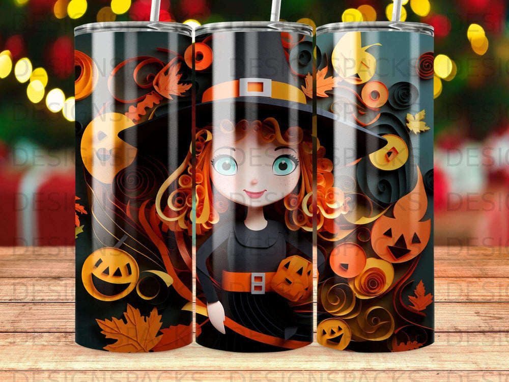 Witch with pumpkins and autumn leaves on a tumbler.