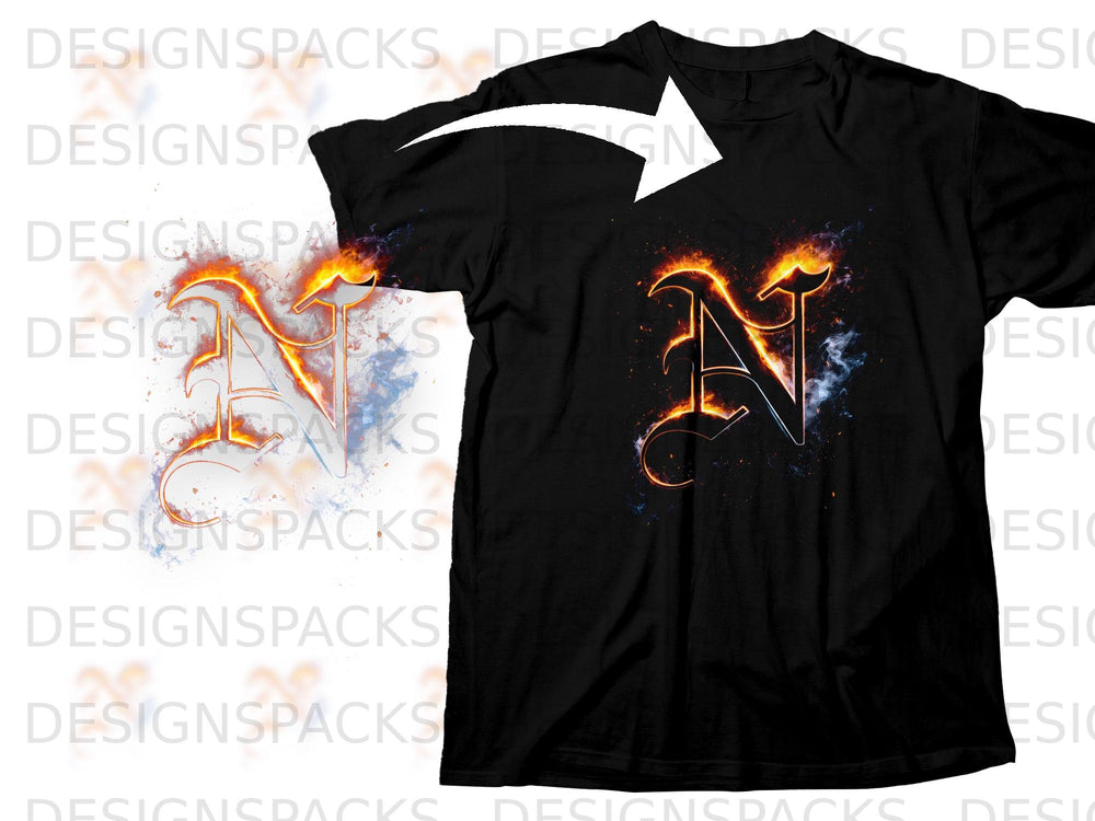Black t-shirt with a fiery "N" design and a white arrow pointing to it.