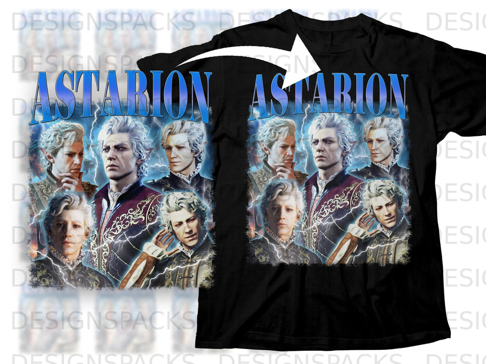 Astarion graphic with lightning and portraits on a black t-shirt.