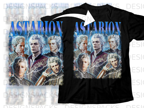 Astarion graphic with lightning and portraits on a black t-shirt.