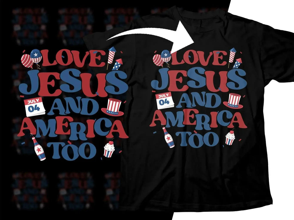 Love Jesus and America Too 4th of July t-shirt design with fireworks and patriotic icons