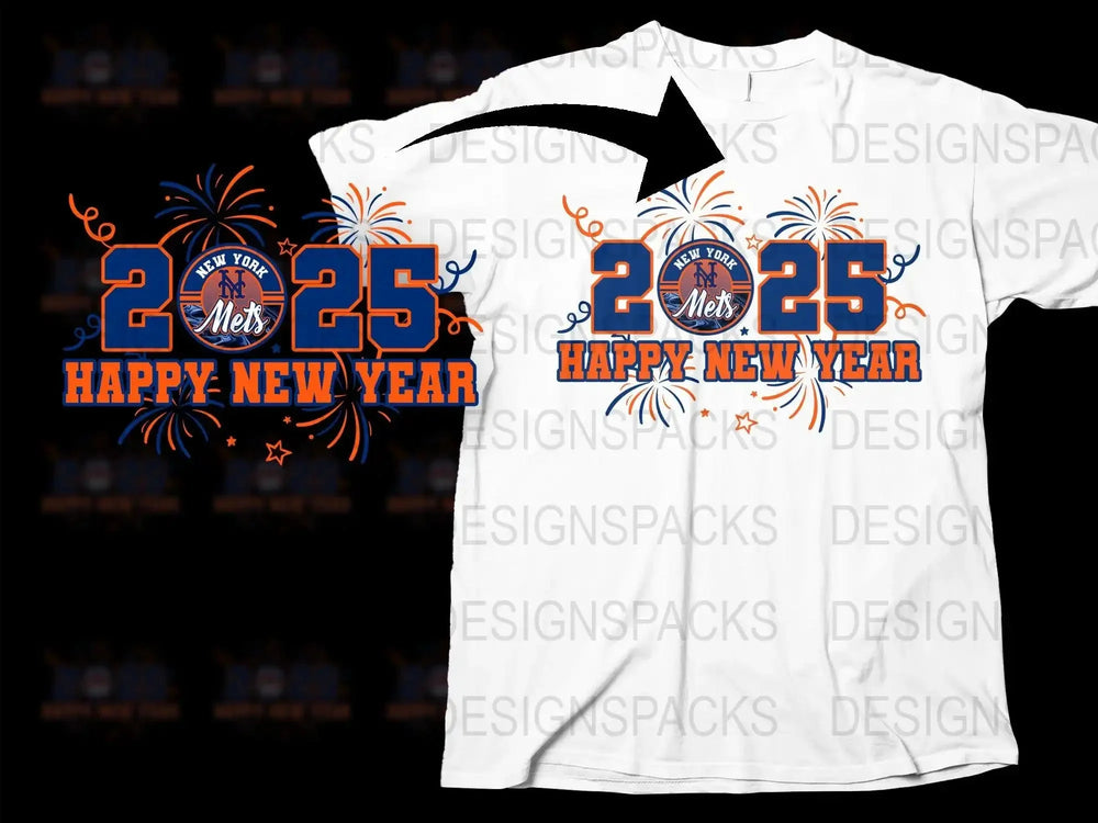 2025 Happy New Year Mets t-shirt design with fireworks, print-ready for DTF/DTG