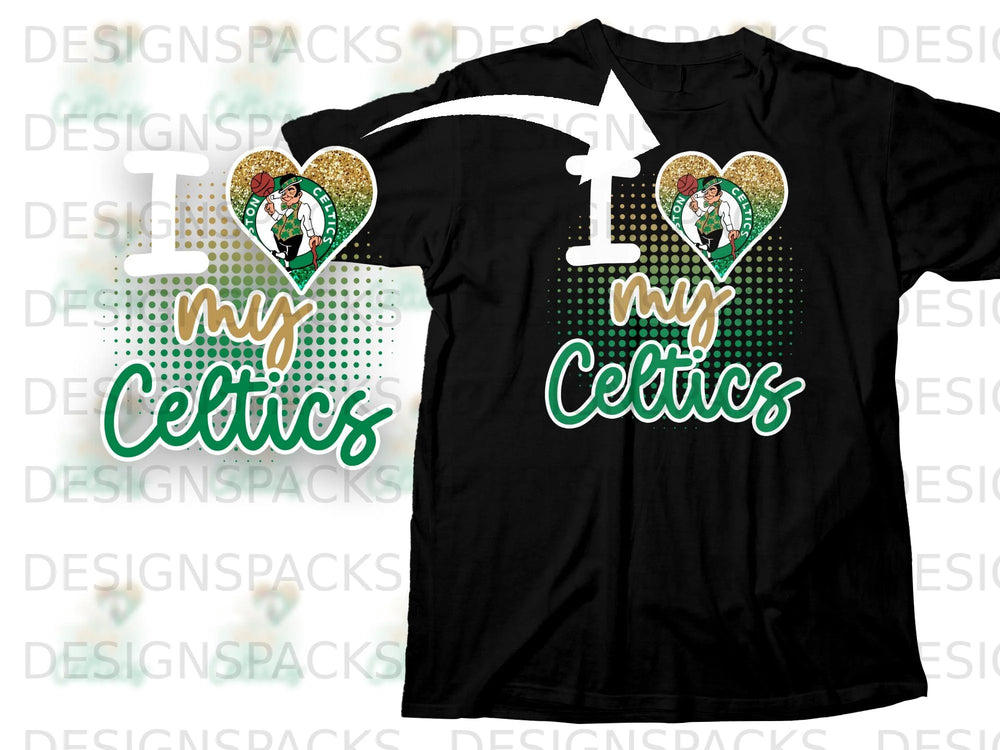 Black t-shirt featuring "I my Celtics" slogan with heart-shaped graphic.